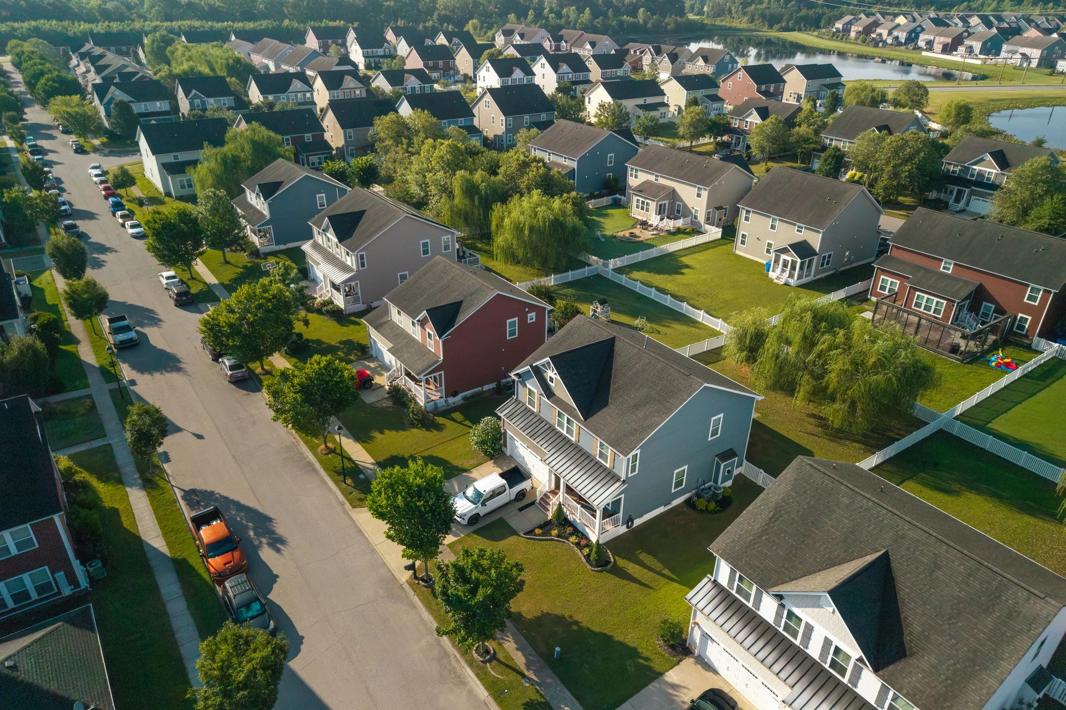 Aerial view of a residential neighborhood for site context